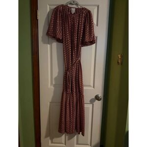 Raga Pink Gold Metallic Ikat Geometric Tiered Maxi Dress Button Front Large NWT